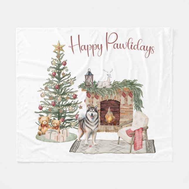 Happy Pawlidays Dog Design - Alaskan Malamute Fleecedecke (Vorderseite (Horizontal))