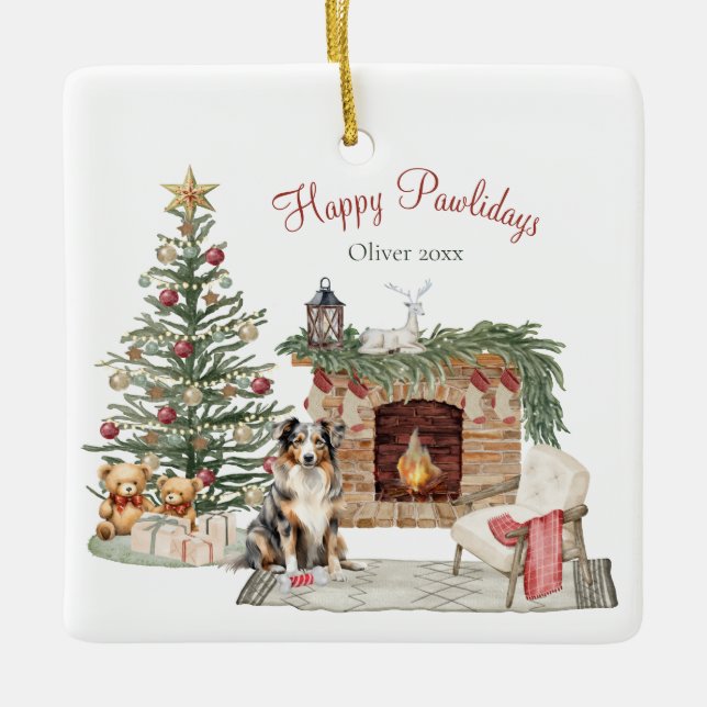 Happy Pawlidays Dog Design - Australian Shepherd Keramikornament (Vorderseite)