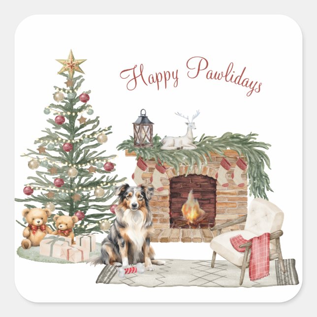 Happy Pawlidays Dog Design - Australian Shepherd Quadratischer Aufkleber (Vorderseite)