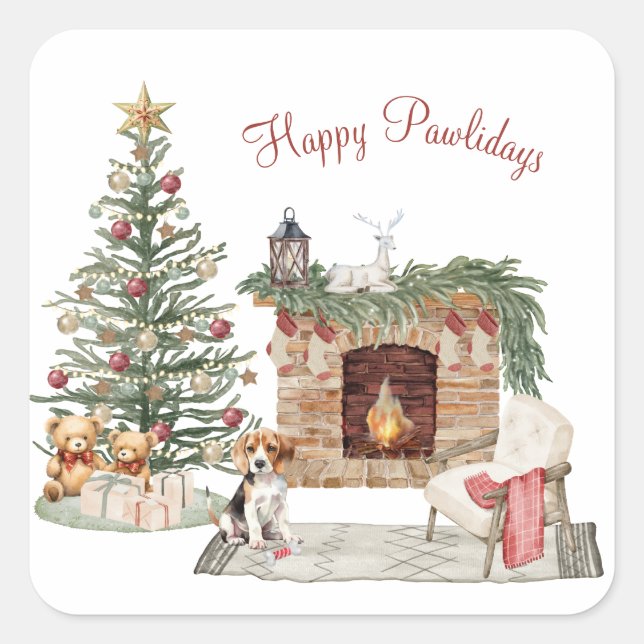 Happy Pawlidays Dog Design - Beagle Quadratischer Aufkleber (Vorderseite)
