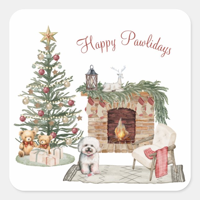 Happy Pawlidays Dog Design - Bichon Frise Quadratischer Aufkleber (Vorderseite)