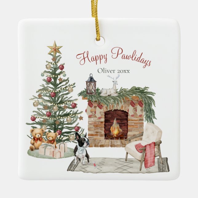 Happy Pawlidays Dog Design - Boston Terrier Keramikornament (Vorderseite)