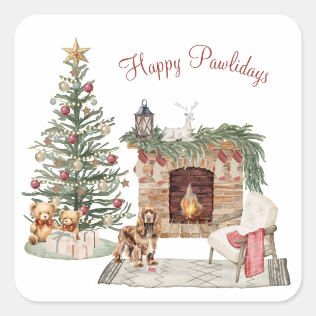 Happy Pawlidays Dog Design- Cocker Spaniel Quadratischer Aufkleber (Vorderseite)