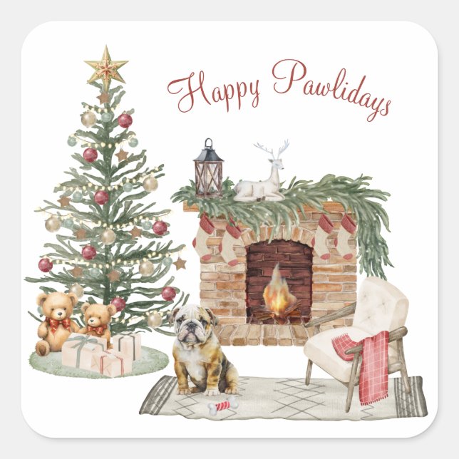 Happy Pawlidays Dog Design - English Bulldog Quadratischer Aufkleber (Vorderseite)