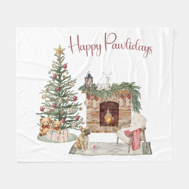 Happy Pawlidays Dog Design - French Bulldog Fleecedecke (Vorderseite (Horizontal))