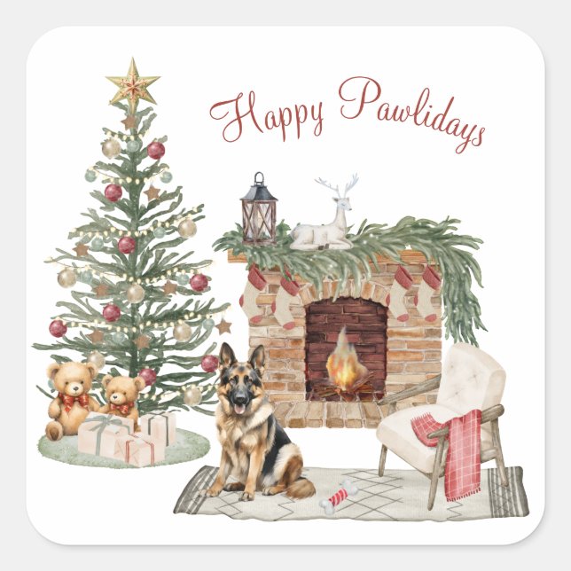 Happy Pawlidays Dog Design - German Shepherd Quadratischer Aufkleber (Vorderseite)
