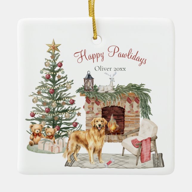 Happy Pawlidays Dog Design - Golden Retriever Keramikornament (Vorderseite)
