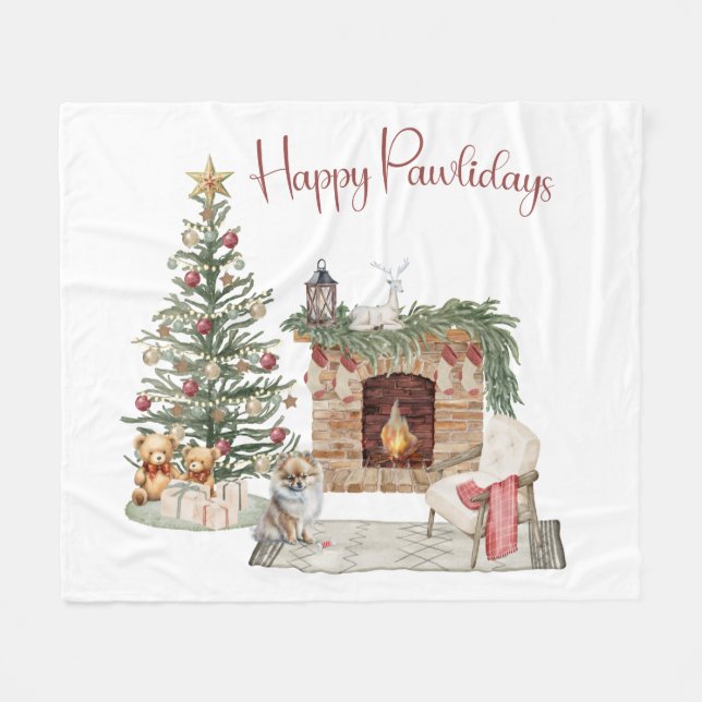 Happy Pawlidays Dog Design - Spitz Fleecedecke (Vorderseite (Horizontal))