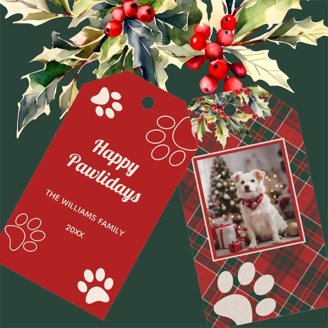 Happy Pawlidays Dog Paw Rotes Kariertes Foto Weihn Geschenkanhänger (Von Creator hochgeladen)