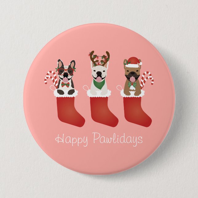 Happy Pawlidays French Bulldogs Christmas Strumpf Button (Vorderseite)
