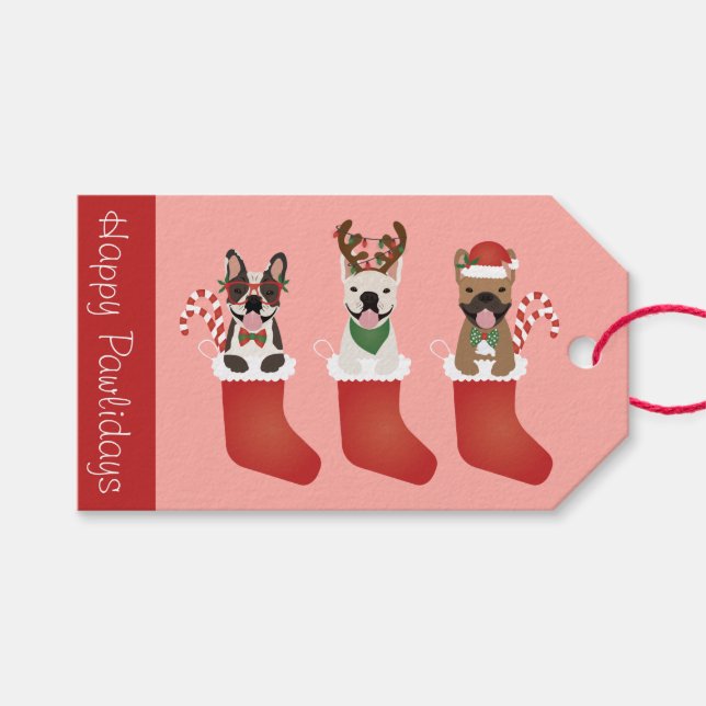 Happy Pawlidays French Bulldogs Christmas Strumpf Geschenkanhänger (Vorderseite (Horizontal))