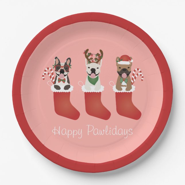 Happy Pawlidays French Bulldogs Christmas Strumpf Pappteller (Vorderseite)