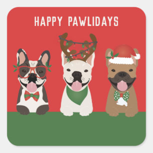 Happy Pawlidays French Bulldogs Quadratischer Aufkleber