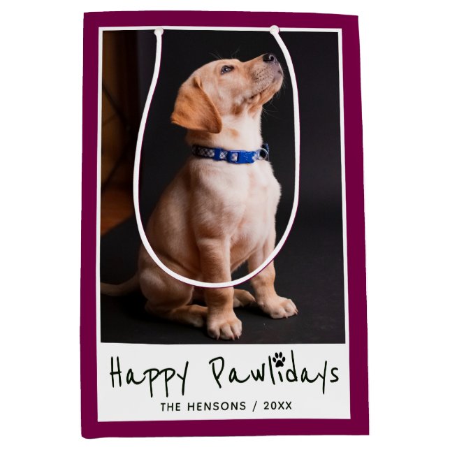 Happy Pawlidays Funny Pun Pet Foto Mittlere Geschenktüte (Vorderseite)
