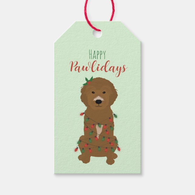 Happy Pawlidays Goldendoodle Weihnachtslicht Geschenkanhänger (Vorderseite)