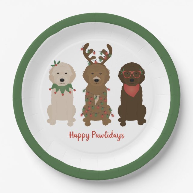 Happy Pawlidays Goldendoodle Weihnachtslicht Pappteller (Vorderseite)