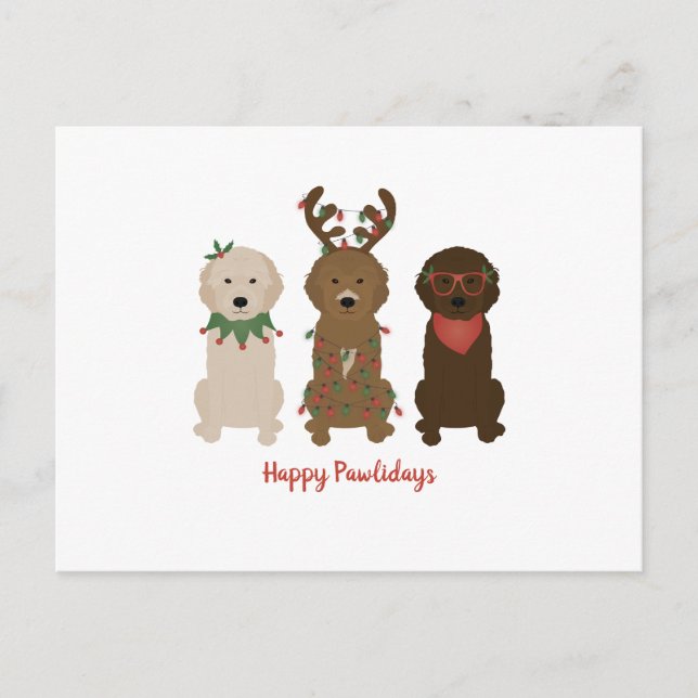 Happy Pawlidays Goldendoodle Weihnachtslicht Postkarte (Vorderseite)