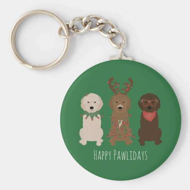 Happy Pawlidays Goldendoodle Weihnachtslicht Schlüsselanhänger (Vorne)