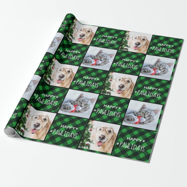 Happy Pawlidays Green Buffalo Kariert Dog Pet Foto Geschenkpapier (Ungerollt)