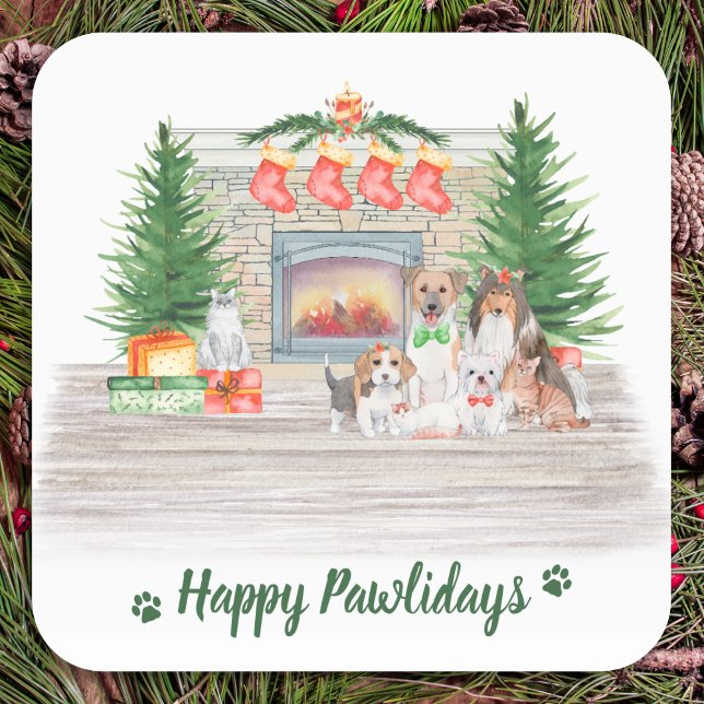 Happy Pawlidays Hunde Katzen Welpen Kätzchen Weihn Quadratischer Aufkleber (Von Creator hochgeladen)