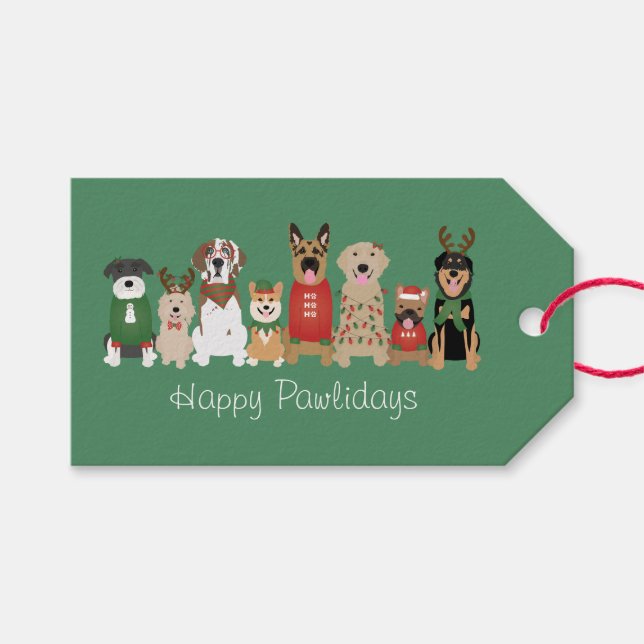 Happy Pawlidays Hunde Red Green Geschenkanhänger (Vorderseite (Horizontal))