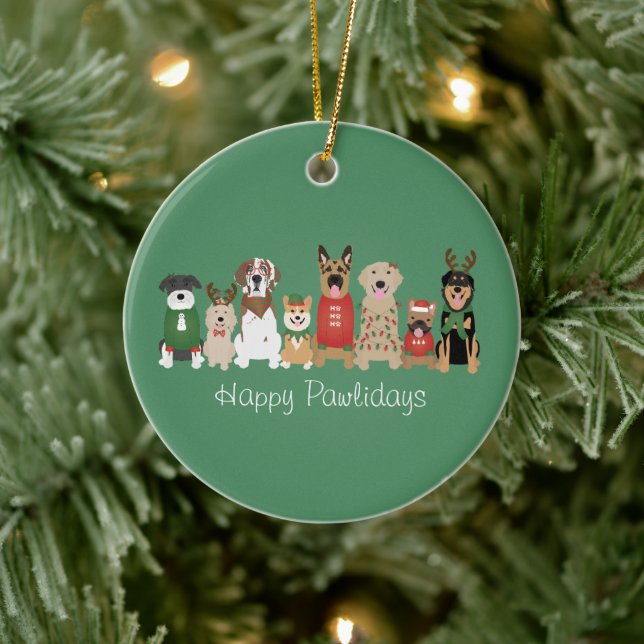 Happy Pawlidays Hunde Red Green Keramik Ornament (Baum)