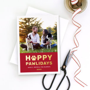 Happy Pawlidays Modern Gold Red Puppy Dog Foto Folien Feiertagskarte