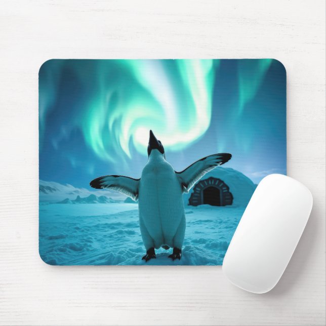 Happy Penguin Dancing Under Northern Lights Mousepad (Mit Mouse)
