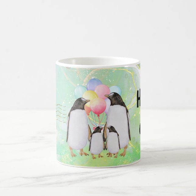  happy penguin family with colorful balloons kaffeetasse (Mittel)