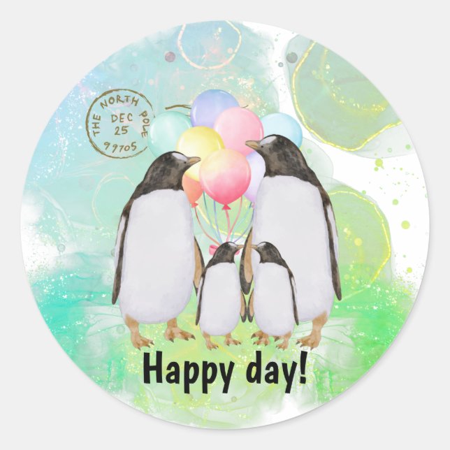 Happy penguin family with colorful balloons runder aufkleber (Vorderseite)