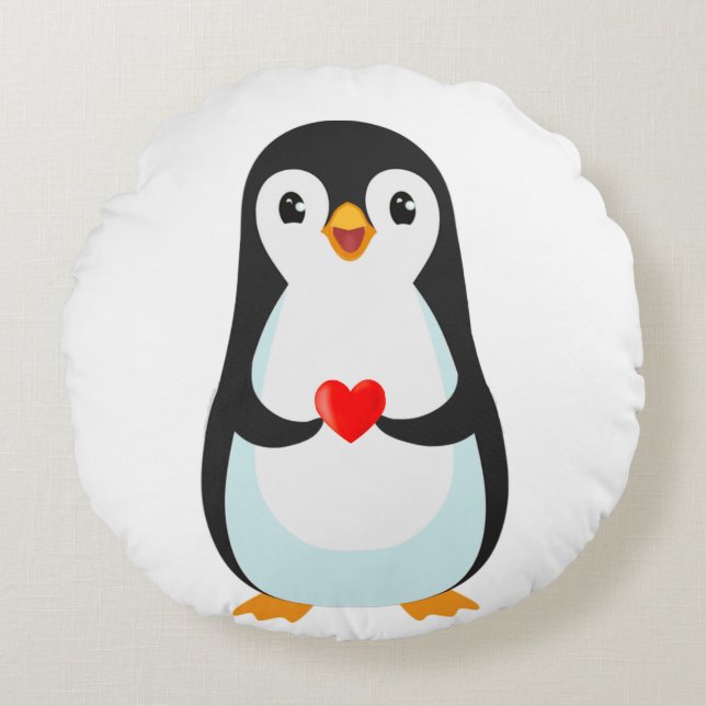 Happy Penguin Holding a Heart Round Pillow Rundes Kissen (Vorderseite)