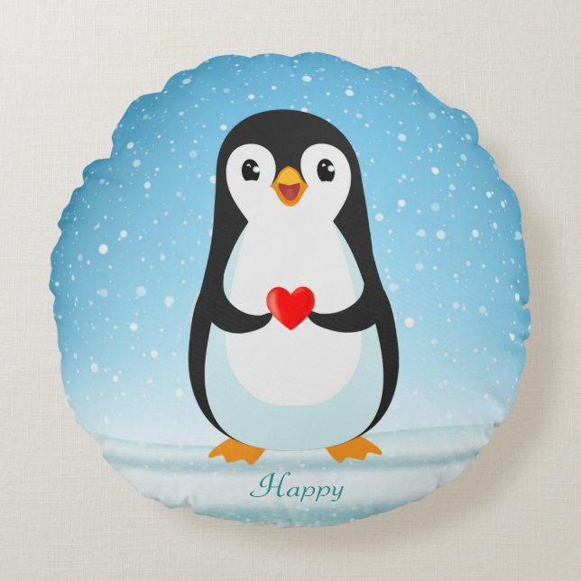 Happy Penguin Holding a Heart Rundes Kissen (Vorderseite)