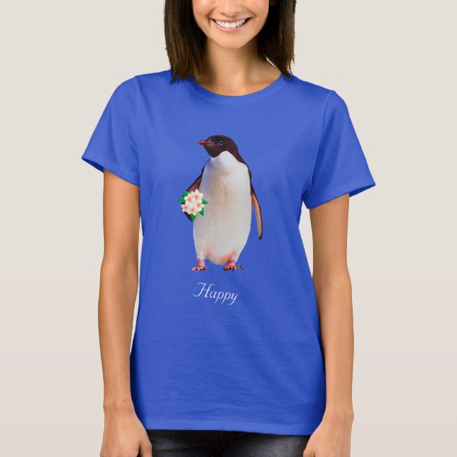Happy Penguin Holding Blume T - Shirt (Vorderseite)