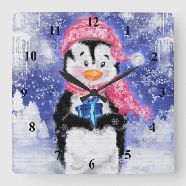 Happy Penguin - Weihnachten - Quadratische Wanduhr (Vorderseite)