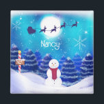 Happy Personalisiert Christmas Snowman Magnet<br><div class="desc">Dieses Design hat einen nordpol-christlichen Hintergrund mit santa und seinem Rentier und einem Schneemann</div>