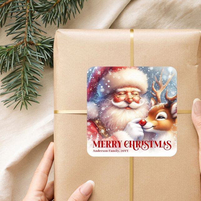 Happy Personalized Santa Rudolph Christmas Party  Quadratischer Aufkleber (Happy Personalized Santa Rudolph Christmas Party Sticker)