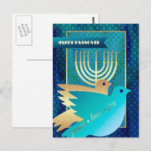Happy Pessach. Friedenstauben und Menorah Postkarte