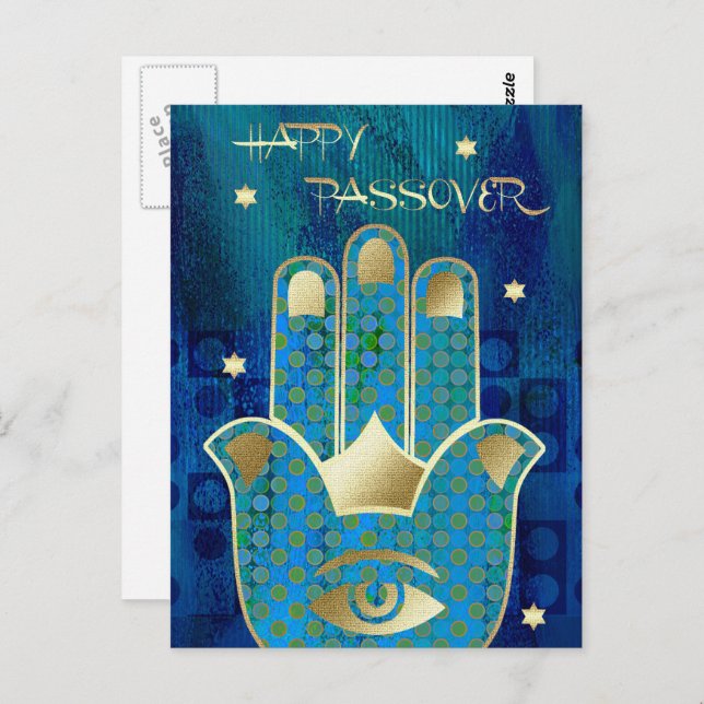 Happy Pessach. Hamsa Hand Lucky Symbol Postkarte (Vorne/Hinten)