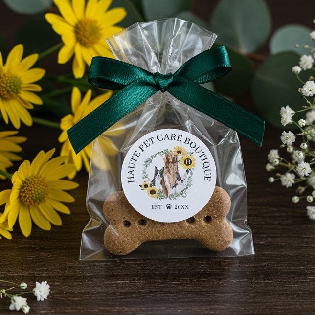 Happy Pet Family Pet Care & Grooming Monogramm Runder Aufkleber (Happy Pet Family Pet Care & Grooming Monogram Classic Round Sticker)