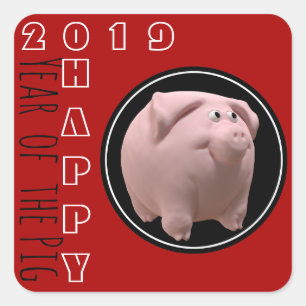 Happy PIg Jahr 2019 3D Wählen Sie Color 2 Square S Quadratischer Aufkleber