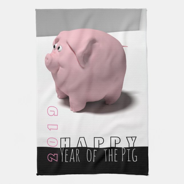 Happy PIg Jahr 2019 niedliches 3D Küchentuch (Vertikal)