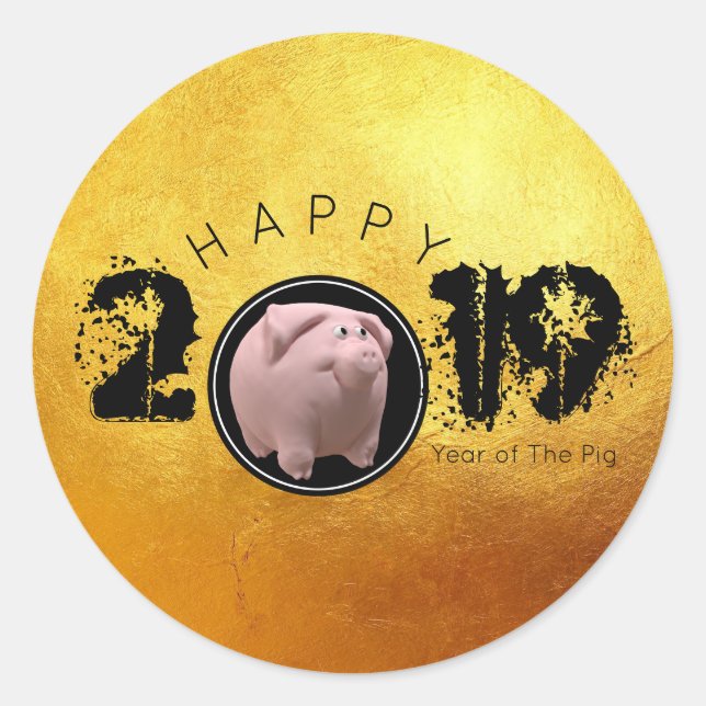 Happy PIg Jahr 2019 Original 3D Gold 2 Runde S Runder Aufkleber (Vorderseite)