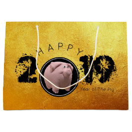 Happy PIg Jahr 2019 Original 3D Gold L Geschenktas Große Geschenktüte