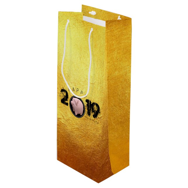 Happy PIg Jahr 2019 Original 3D Golden Wine G Bag Geschenktüte Für Weinflaschen (Vorderseite Schrägansicht)