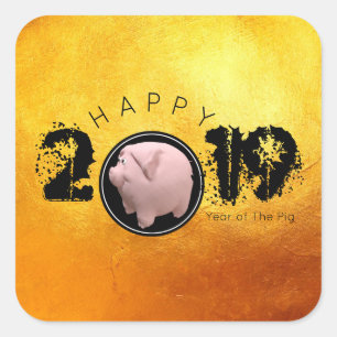 Happy PIg Jahr 2019 Original 3D goldenes Quadrat S Quadratischer Aufkleber