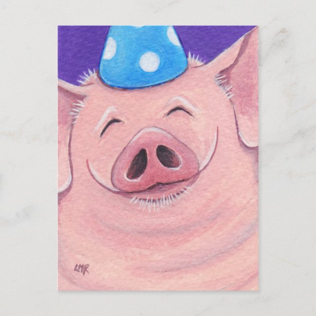 Happy Pig mit einem Party-Hut-Illustration Postkarte (Vorderseite)
