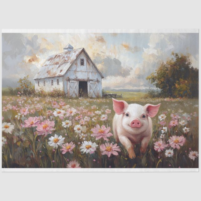 Happy Pig Pink Wildblumen Decoupage Seidenpapier (Vorderseite)