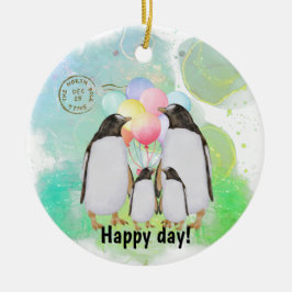 Happy Pinguin Familie mit bunten Ballons Keramik Ornament