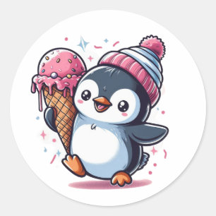 Happy Pinguin mit Eiscreme-Kronenaufkleber Runder Aufkleber