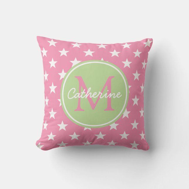 Happy Pink and Mint Green Stars Monogramm Kissen (Vorderseite)